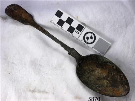Spoon in golden colour covered with black and green marks and sea crustaceans