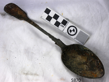 Spoon in golden colour covered with black and green marks and sea crustaceans