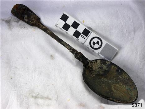 Spoon in golden colour covered with black and green marks and sea crustaceans