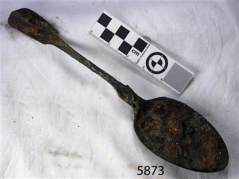 Spoon in golden colour covered with black and green marks and sea crustaceans