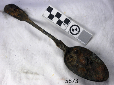 Spoon in golden colour covered with black and green marks and sea crustaceans