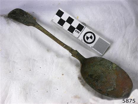 Spoon in golden colour covered with black and green marks and sea crustaceans