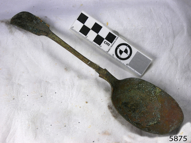 Spoon in golden colour covered with black and green marks and sea crustaceans