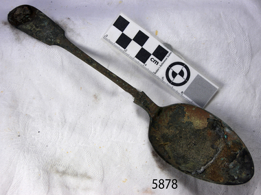 Spoon in golden colour covered with black and green marks and sea crustaceans