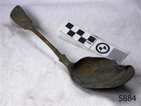 Spoon in golden colour covered with black and green marks and sea crustaceans