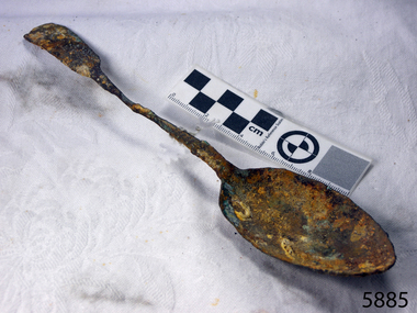 Spoon in golden colour covered with black and green marks and sea crustaceans