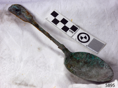 Spoon in golden colour covered with black and green marks and sea crustaceans