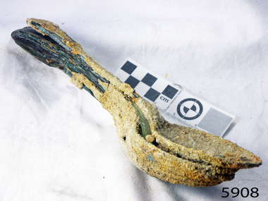 Spoons stuck together golden in colour covered in black and green marks and sea crustaceans