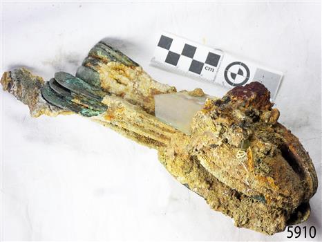Spoons stuck together golden in colour covered in black and green marks and sea crustaceans