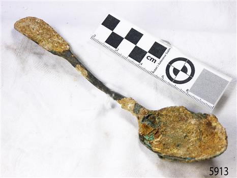 Spoon in golden colour covered with black and green marks and sea crustaceans