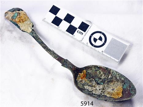 Spoon in golden colour covered with black and green marks and sea crustaceans