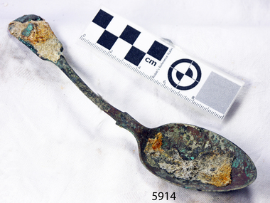 Spoon in golden colour covered with black and green marks and sea crustaceans