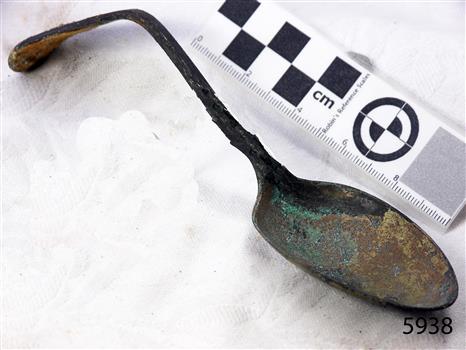 A bent spoon in golden colour covered with black and green marks and sea crustaceans