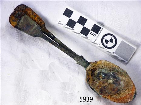 Spoon in golden colour covered with black and green marks and sea crustaceans