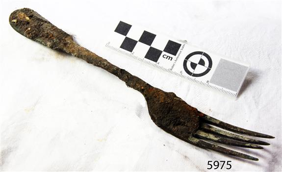 A 4 pronged fork covered in corrosion due to being under the water for over 100 years.