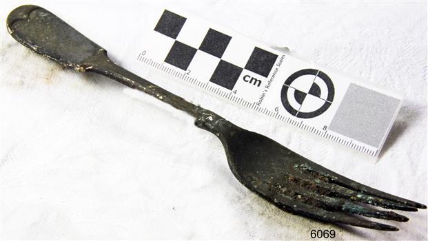 Fork in golden colour covered with black and green marks and sea crustaceans