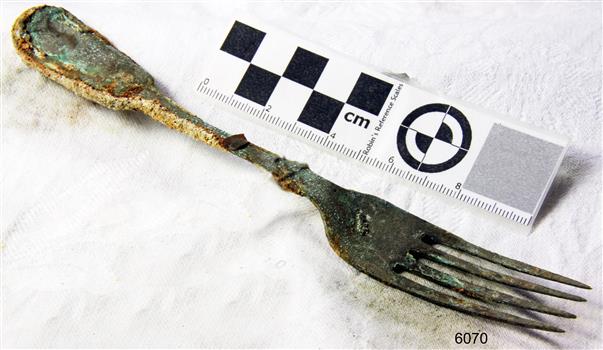 Fork in golden colour covered with black and green marks and sea crustaceans