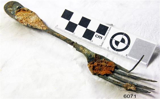 Fork in golden colour covered with black and green marks and sea crustaceans