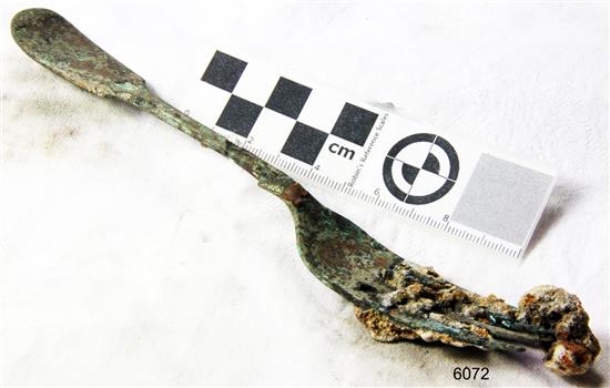 Fork in golden colour covered with black and green marks and sea crustaceans
