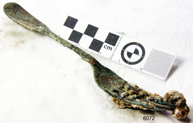Fork in golden colour covered with black and green marks and sea crustaceans