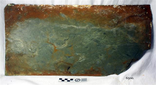 Slate tile has colours of browns and blue-green. The corner is broken off.