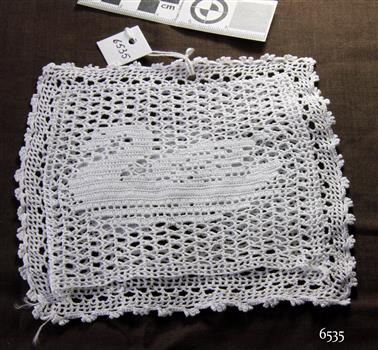 White crocheted lavender bag with double layer centre and answan incorporated into the design