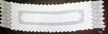 Long narrow white cotton rectangle,  rectangular crocheted insert, eyelet embroidery, scalloped and crocheted edges, 
