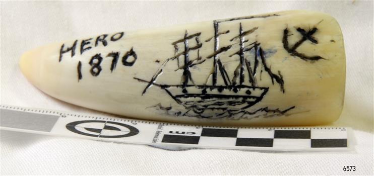 Engraved text and image of 3-masted ship on waves, and an anchor