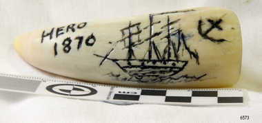 Engraved text and image of 3-masted ship on waves, and an anchor