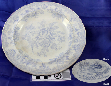 Dinner plate, white ceramic with blue pattern, floral and bird