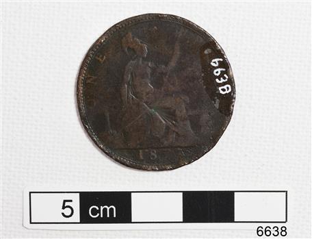 Copper coin's reverse with female image and text