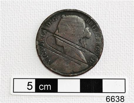 Copper coin's obverse with female profile and text