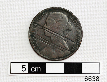 Copper coin's obverse with female profile and text