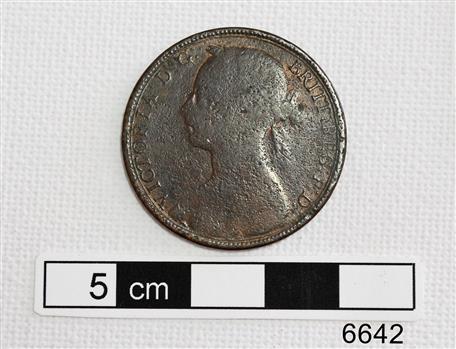Copper coin has portrait of a young female