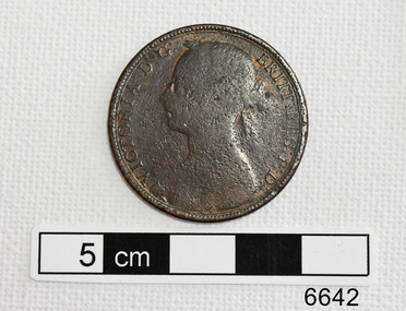 Copper coin has portrait of a young female