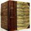 Hardcover, brown-blue-cream patterned cover, leather reinforced spine, gold embossing