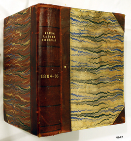 Hardcover, brown-blue-cream patterned cover, leather reinforced spine, gold embossing