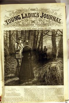 Title, text, and illustration of a hunter, woman and another figure in the forest