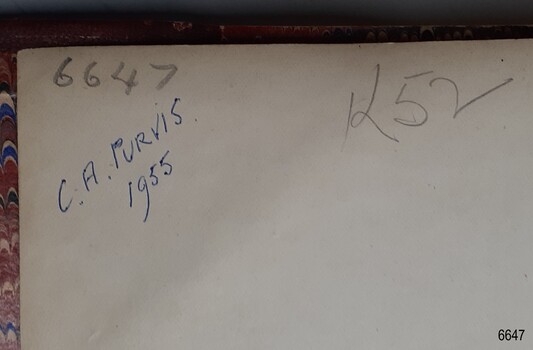 Inscription in blue pen, plus cataloguing numbers in pencil