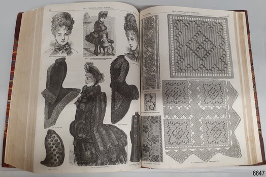 Black line drawings of female figures and dresses, and pictures of needlework pattern samples
