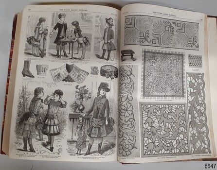 Two pages with girls' fashion on the left and needlework pattern samples on the right