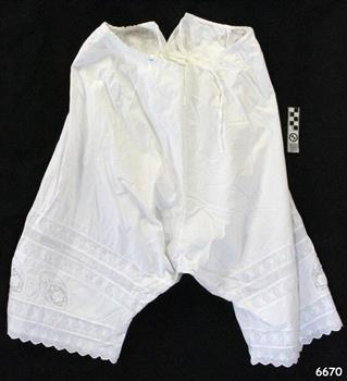 White cotton bloomers with drawstring waist, back closure, Broderie Anglaise lace trim