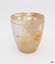 Glass, clear, wide mouth, sides slope inward towards base. Incrustations on surface