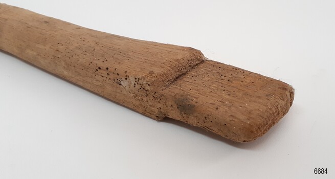 End is carved into a tongue to fit into a socket. Wood has insect damage