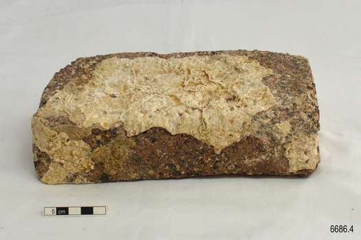 Concretion on brick is white and has uneven edges