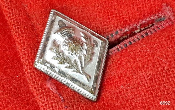 Diamond shaped silver button with image of thistle flower and leaves. Remnants of Gold on flower