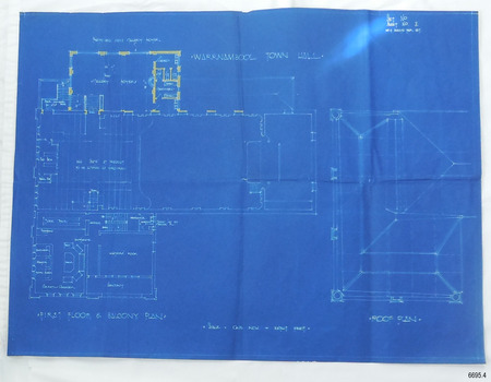 Blueprint shows plans for First Floor and Balcony, and Roof