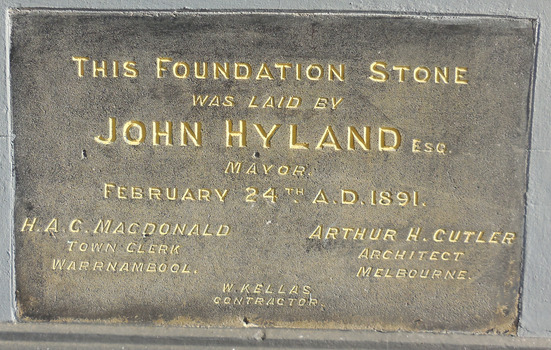 Foundation Stone with engraved gold-painted text that includes details of Mayer, Town Clerk and Architect