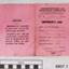 Pink covered card with printed form inside, completed with handwritten details