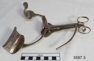 Large stainless steel abdominal forceps used to keep a surgical incision apart during a medical proceedure. Swivel pieces at end of arms are detatchable.